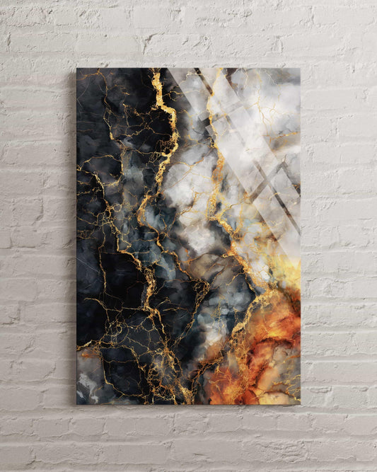 Tempered Glass Wall Art – Abstract Black Gold Marble Print | Luxury Office Decor