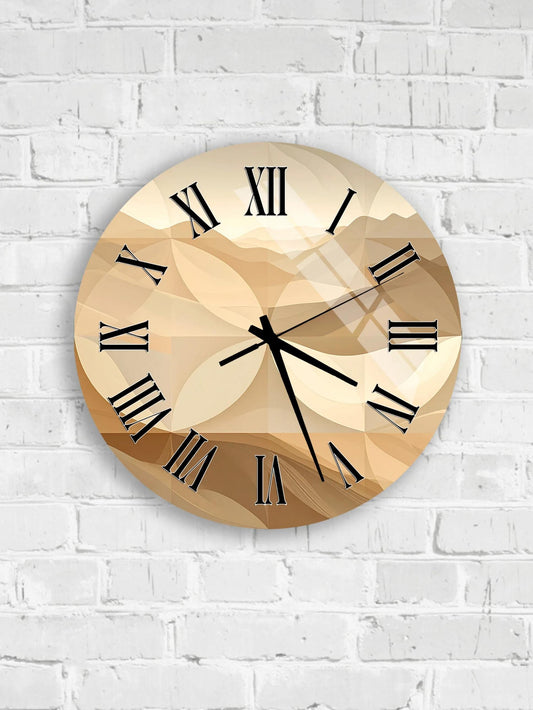 six round wall clocks with Roman numerals, each mounted on a white brick wall.