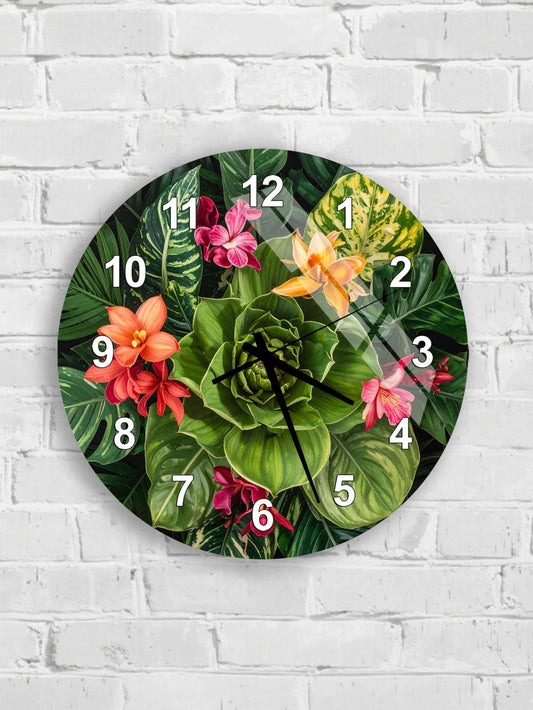 A wall clock with a tropical plant design, featuring a variety of colorful flowers and leaves.