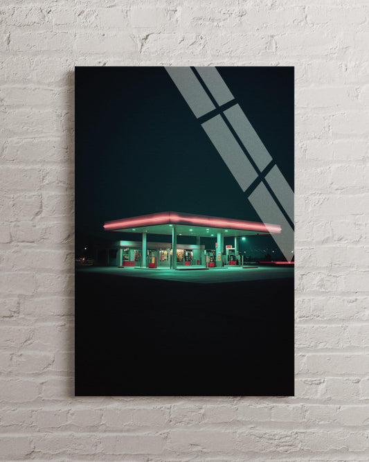 Neon Gas Station Art – Tempered Glass Wall Art | Retro Night Photography Print