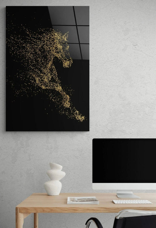 Golden Horse Wall Art – Tempered Glass Art with Black Gold Abstract Design