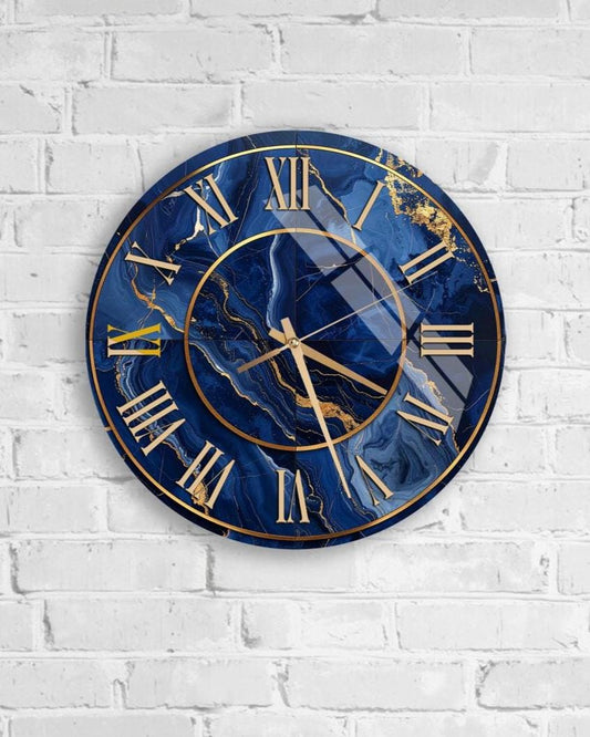 Tempered Glass Wall Clock - Navy Blue Marble Design with Gold Veins | Silent Mechanism