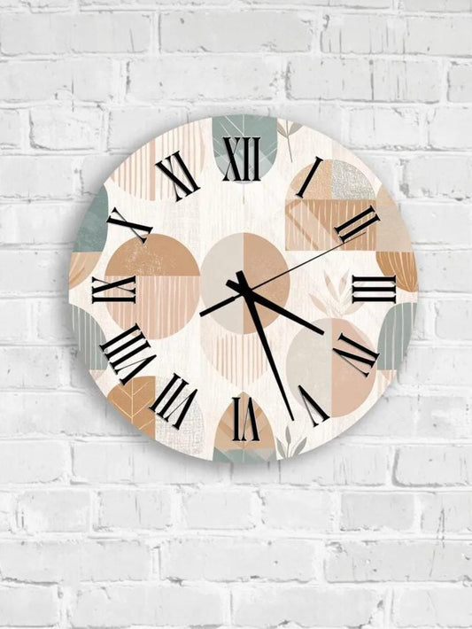 A round wall clock with a geometric design featuring circles and lines in various shades of brown and beige.