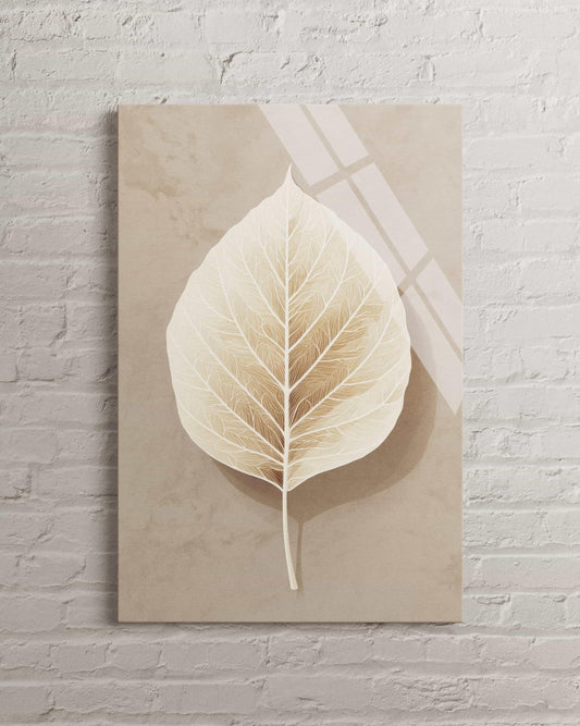 Beige Leaf Wall Art – Minimalist Nature Decor | Tempered Glass Botanical Print