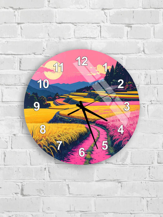 A wall clock with a colorful landscape scene depicting a winding path, mountains, and a sunset.