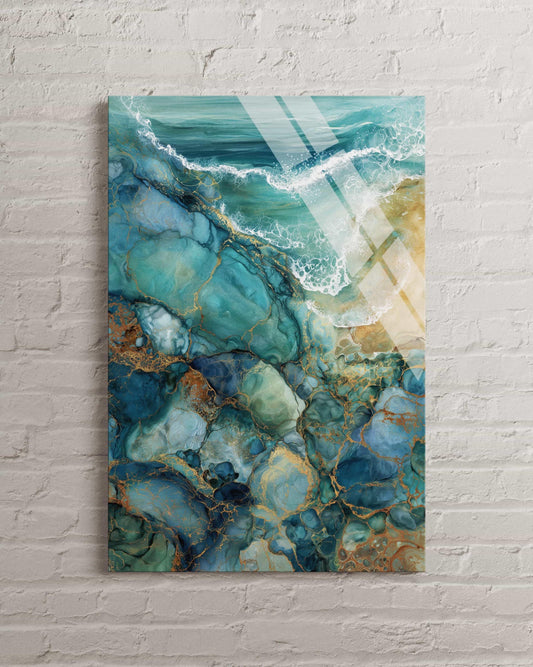 Tempered Glass Wall Art - Abstract Ocean Wave Decor | Teal Gold Marble Design