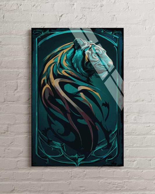 Abstract Tempered Glass Wall Art – Teal Tiger Mural | Luxury Office Gift