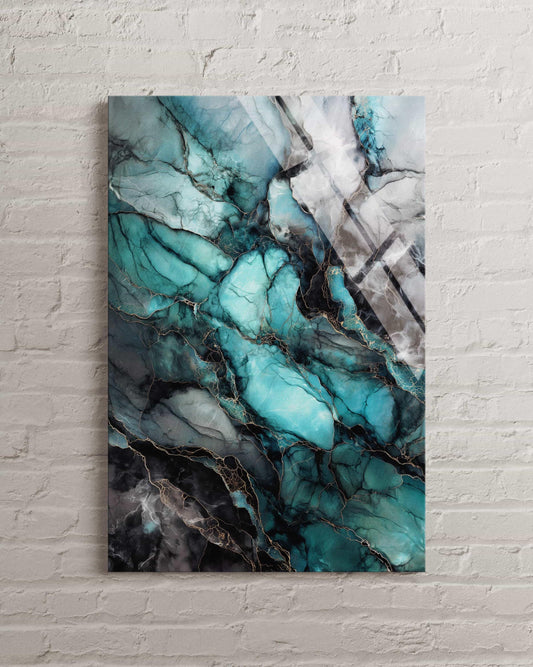 Tempered Glass Wall Art - Abstract Black Marble with Turquoise Fluid Ink Design