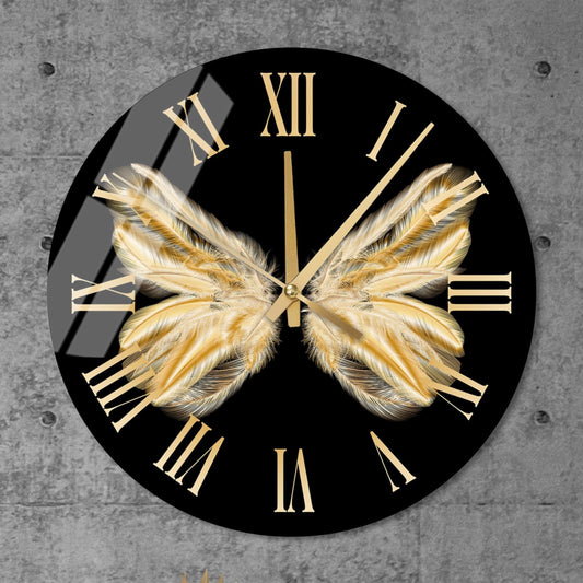 Glass Wall Clock - Black Gold Butterfly | Tempered Glass, Silent Mechanism