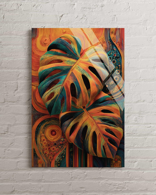 Monstera Leaf Wall Art – Abstract Botanical Tempered Glass Art, Vibrant Decor