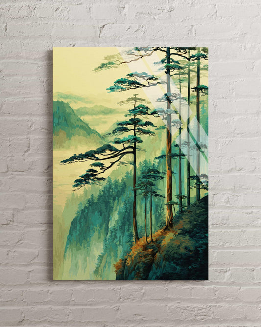 Tempered Glass Wall Art – Japanese Pine Art Teal Mountain Forest Decor