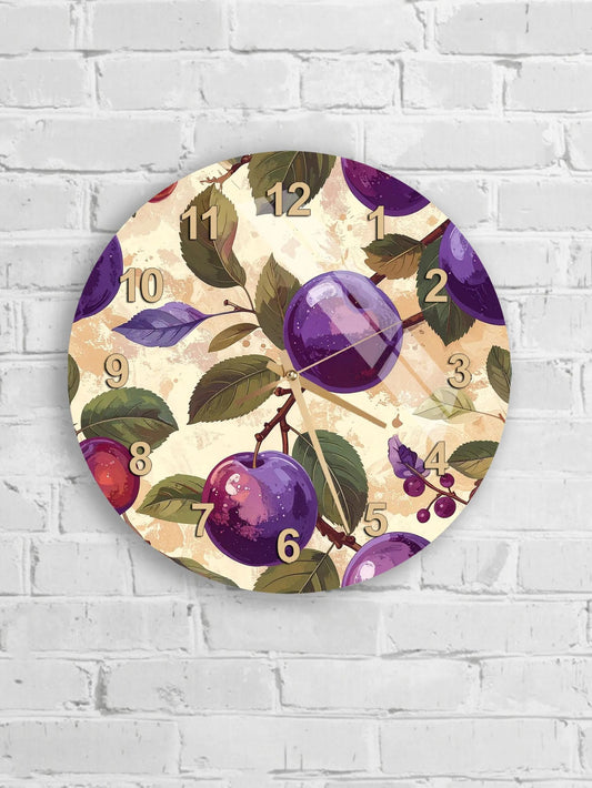A round wall clock with a floral design featuring purple grapes and leaves.