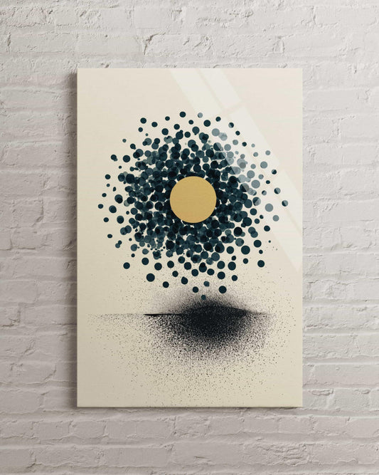Tempered Glass Wall Art – Abstract Geometric Print with Gold Sun & Teal Circle