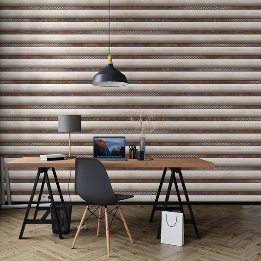 a modern workspace with a wooden desk, a laptop, a lamp, and a vase of flowers. The desk is positioned in front of a striped wall, creating a visually appealing and organized environment.
