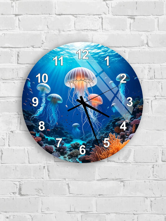 A wall clock with a vibrant underwater scene featuring jellyfish and coral.