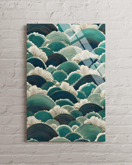 Japanese Wave Art Tempered Glass Art – Teal Ocean Wall Decor, Large Panel
