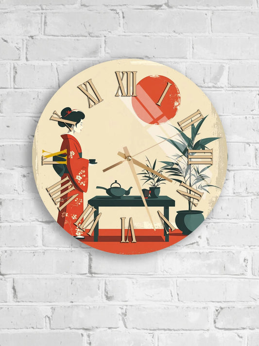 A round wall clock with a design featuring a woman in traditional Japanese attire, a teapot, and a potted plant, all set against a white brick wall.