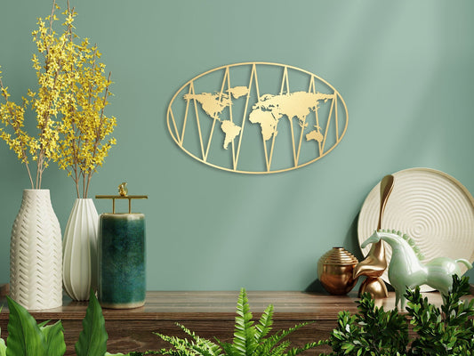 Metal World Map Wall Art - Large Gold Metal Wall Decor for Travelers Gift