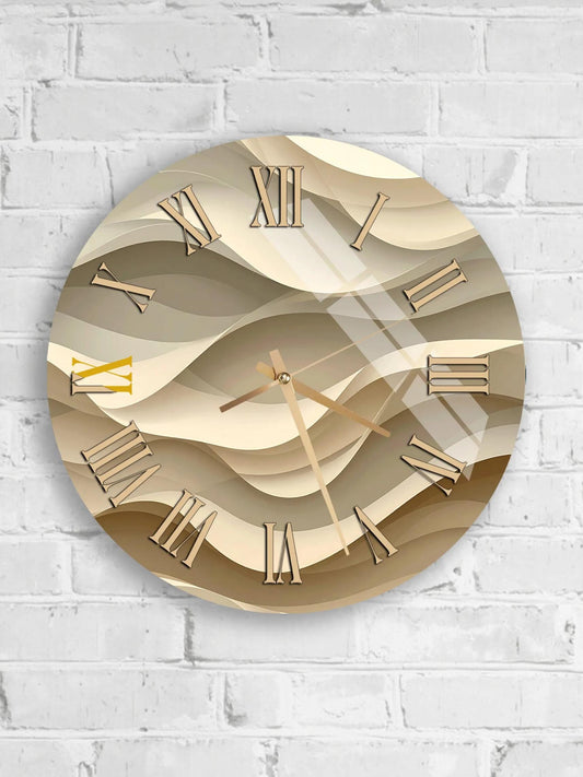 A round wall clock with Roman numerals and a wave-like design on its face is mounted on a white brick wall.