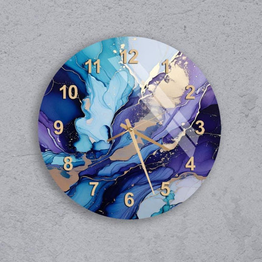 Abstract Glass Wall Clock – Colorful Tempered Glass Clock with Gold Accents
