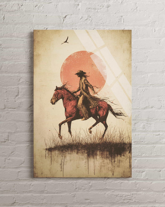 Cowboy Riding Horse Art – Rustic Western Wall Decor Tempered Glass Artwork
