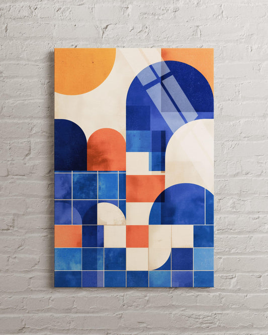Tempered Glass Wall Art - Geometric Blue Orange Modern Mid Century Decor Panel