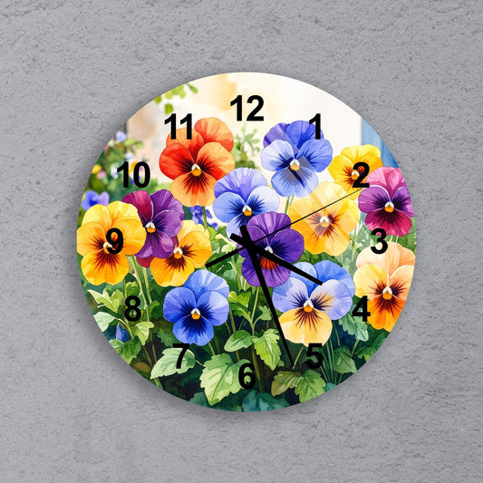 A round wall clock with a vibrant floral design featuring colorful pansies and other flowers.
