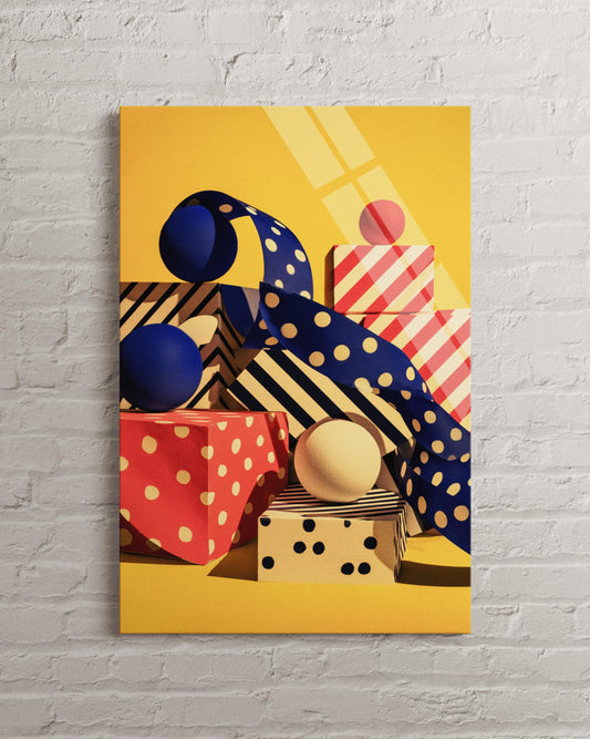Tempered Glass Wall Art - Abstract Geometric 3D Shapes with Red Blue Yellow Dots