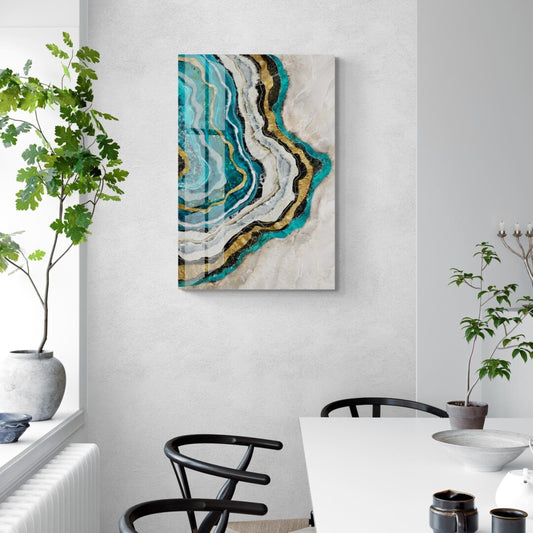Tempered Glass Wall Art – Abstract Agate Waves in Teal, Gold & Black Glossy Panel
