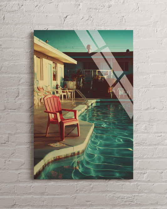 Tempered Glass Wall Art - Retro Motel Decor with Red Chair and Turquoise Water