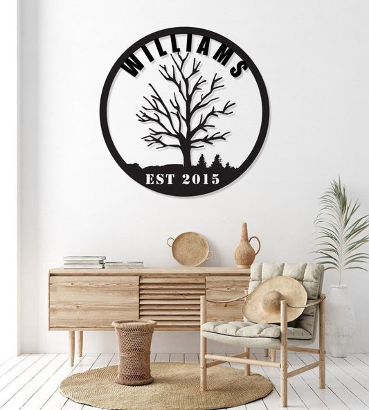 Family Tree Metal Art – Rustic Round Custom Metal Wall Decor with Name Plaque