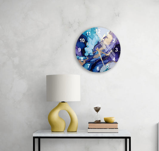 Abstract Glass Wall Clock – Colorful Tempered Glass Clock with Gold Accents