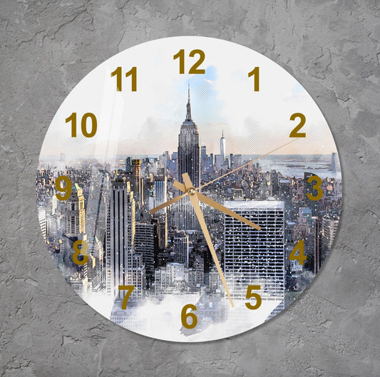 Tempered Glass Wall Clock - Gold New York Wall Art | Modern Silent Decor