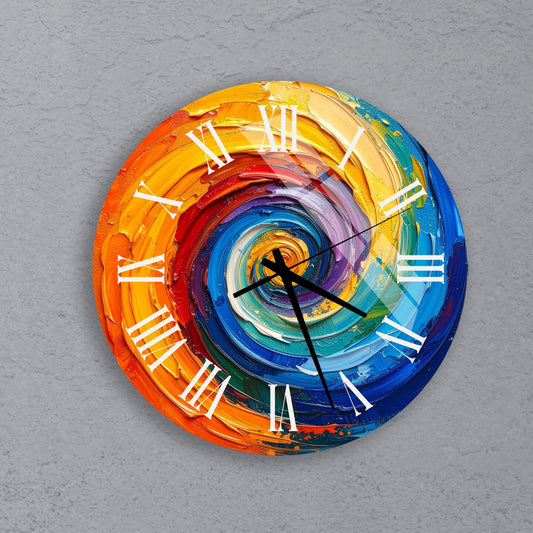 A colorful, abstract wall clock with a spiral design and Roman numerals.