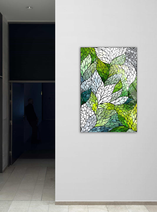 Abstract Botanical Tempered Glass Wall Art – Green Leaf Mosaic, Durable Panel