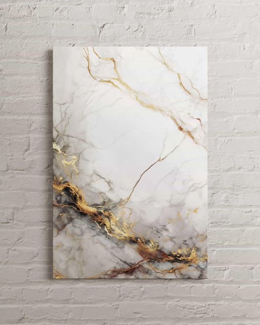 Abstract Tempered Glass Wall Art – White Marble Art with Gold Vein Texture, Luxury Stone Print