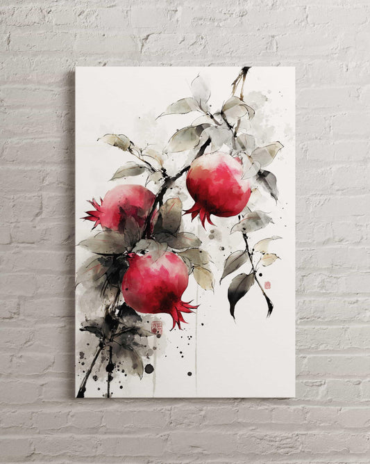 Tempered Glass Wall Art – Pomegranate Watercolor, Japanese Sumi-e Decor Print
