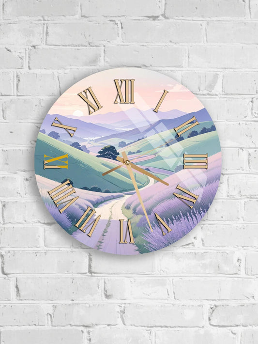 A round wall clock with a landscape scene featuring a winding road, mountains, and a sunset in the background.