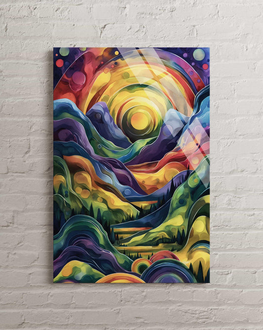 Abstract Mountain Wall Art – Vibrant Tempered Glass Decor with Psychedelic Nature Print
