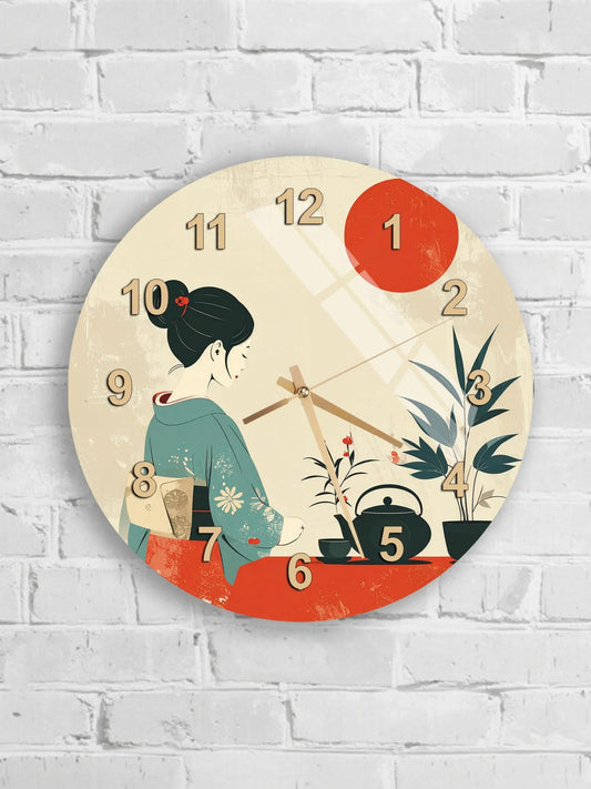 A round wall clock with a woman in a green kimono and a teapot, along with a red sun and bamboo plants, is displayed on a white brick wall.