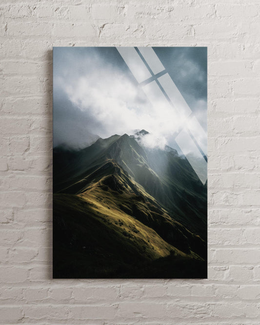 Tempered Glass Wall Art - Moody Mountain Peak Decor With Misty Alpine Landscape
