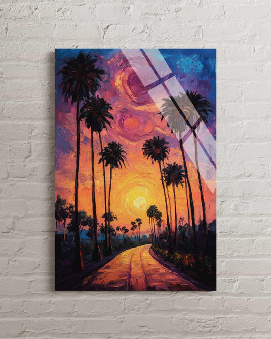 Tempered Glass Wall Art - Tropical Sunset Art With Vibrant Palm Tree Decor