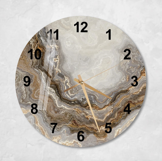 Glass Wall Clock - Modern Marble Design, Unique Gold Decor, Silent Tempered Art