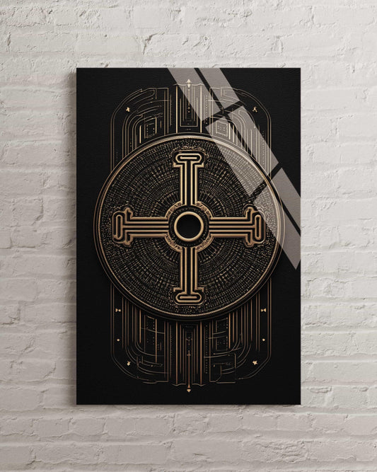 Gold Occult Cross Wall Art – Tempered Glass Decor | Gothic Mandala Print