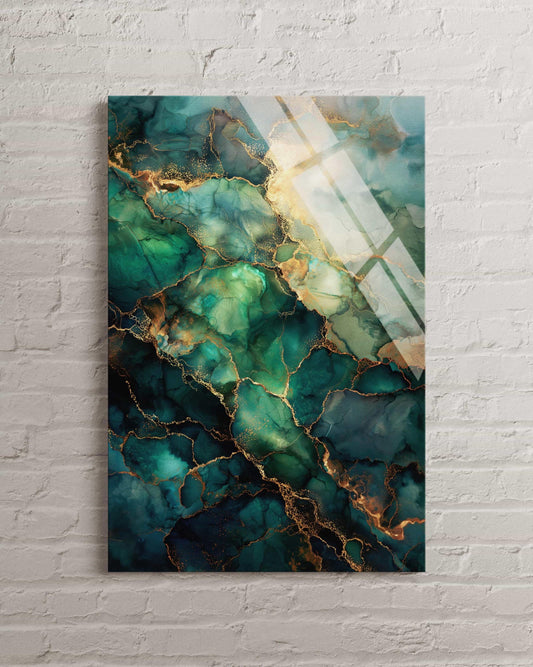 Abstract Tempered Glass Wall Art – Emerald Green Teal Marble Large Geode Print