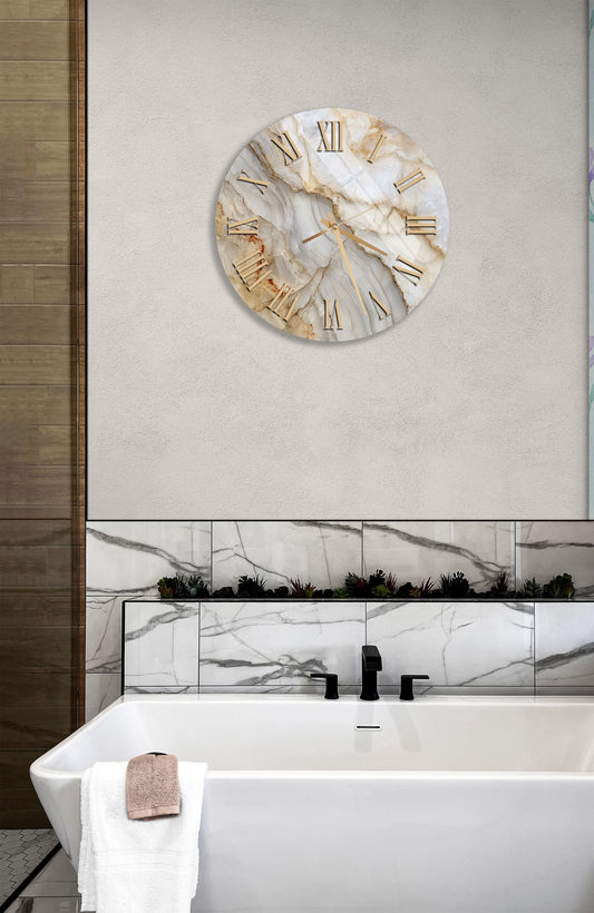 Tempered Glass Wall Clock – Marble Design, Gold & White, Minimalist Modern Decor