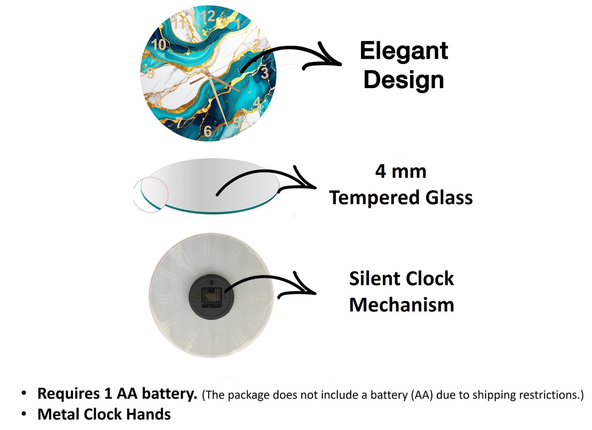 The image is a 3D rendering of a clock with a marble-style design, accompanied by text describing the features of the clock and its packaging.