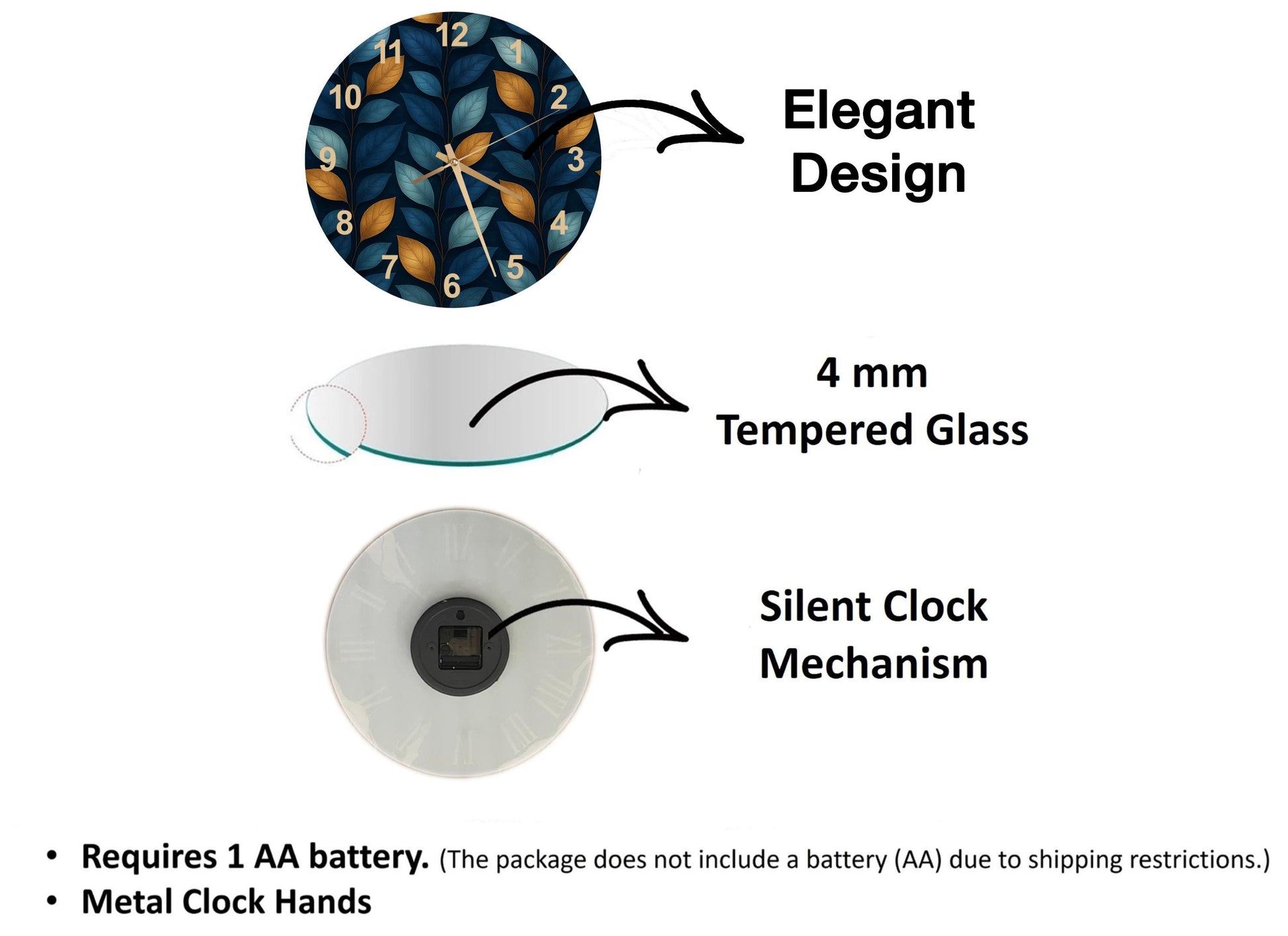 The image is a diagram that illustrates the features of a clock, including its design, materials, and mechanism.