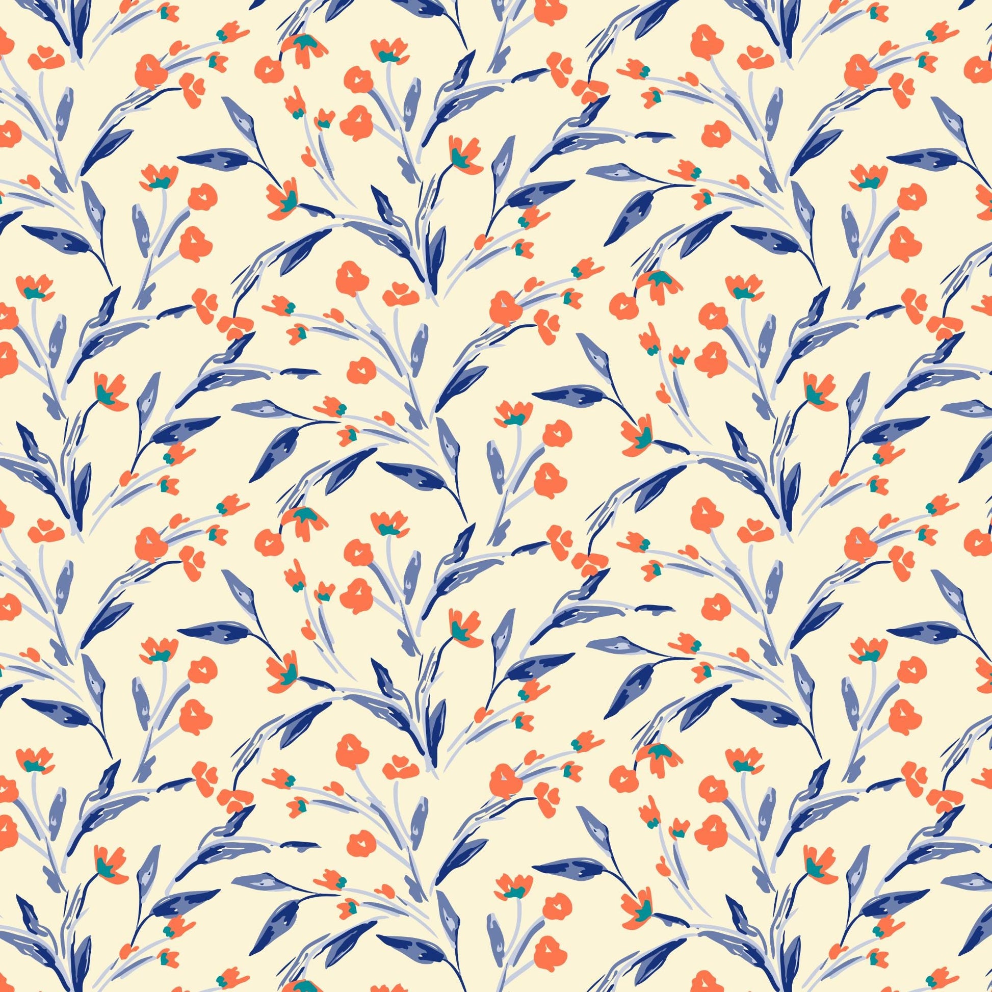 a repeating pattern of orange flowers and blue leaves on a light beige background.