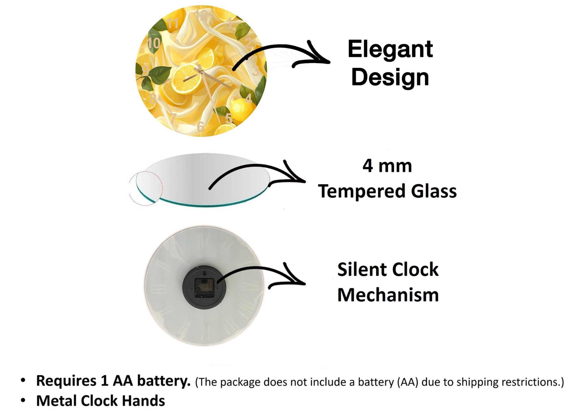 The image is a diagram that illustrates the features of a clock, including the type of glass used, the mechanism, and the battery requirements.